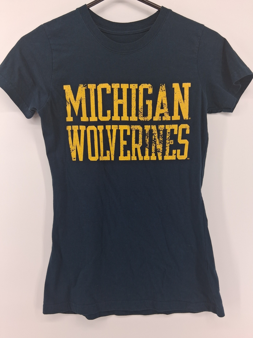 Fanatics Navy Crewneck Tee with Distressed Yellow Michigan Wolverines Print
